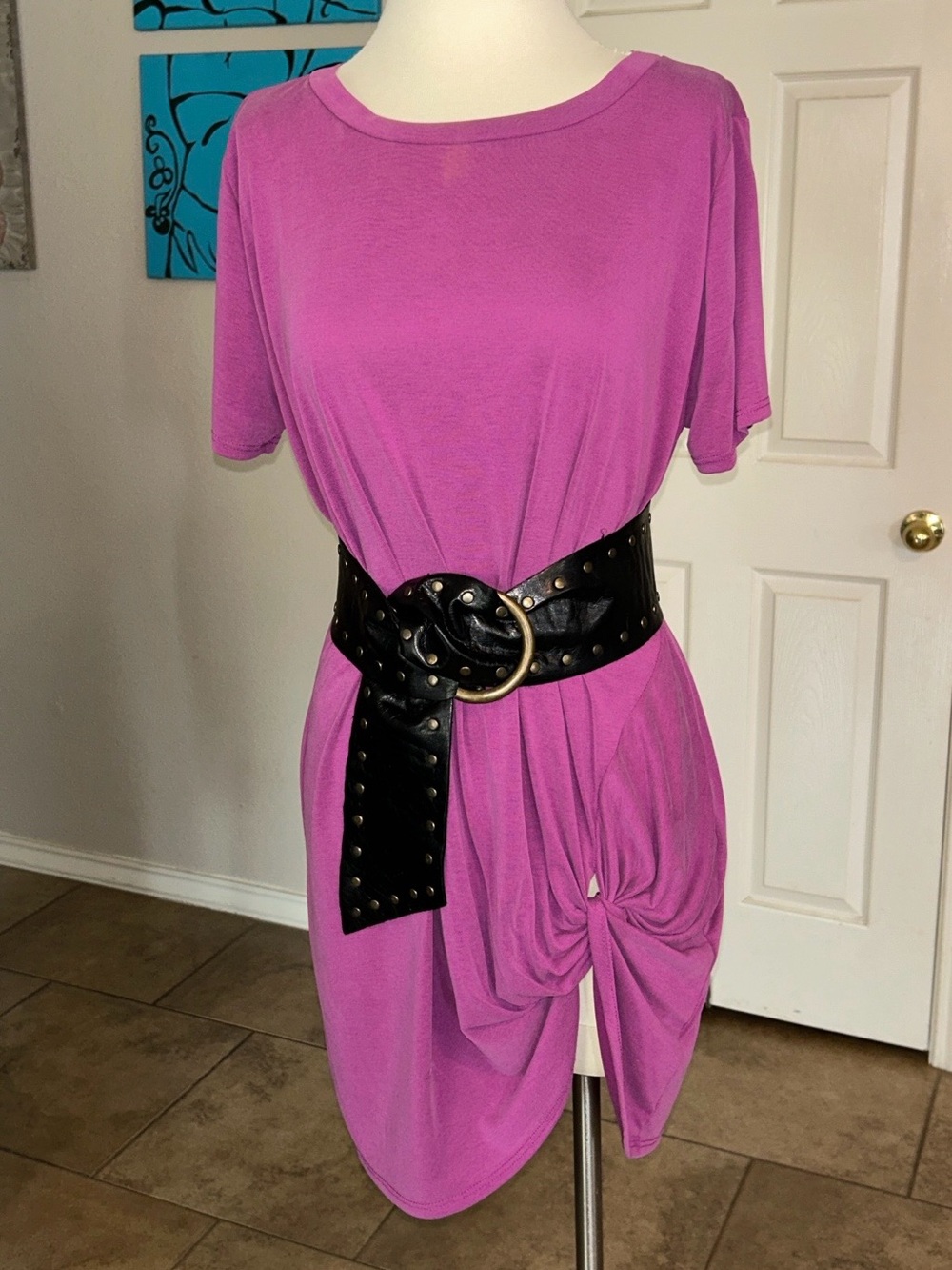 Magenta or Blue Knot Front T-Shirt Dress